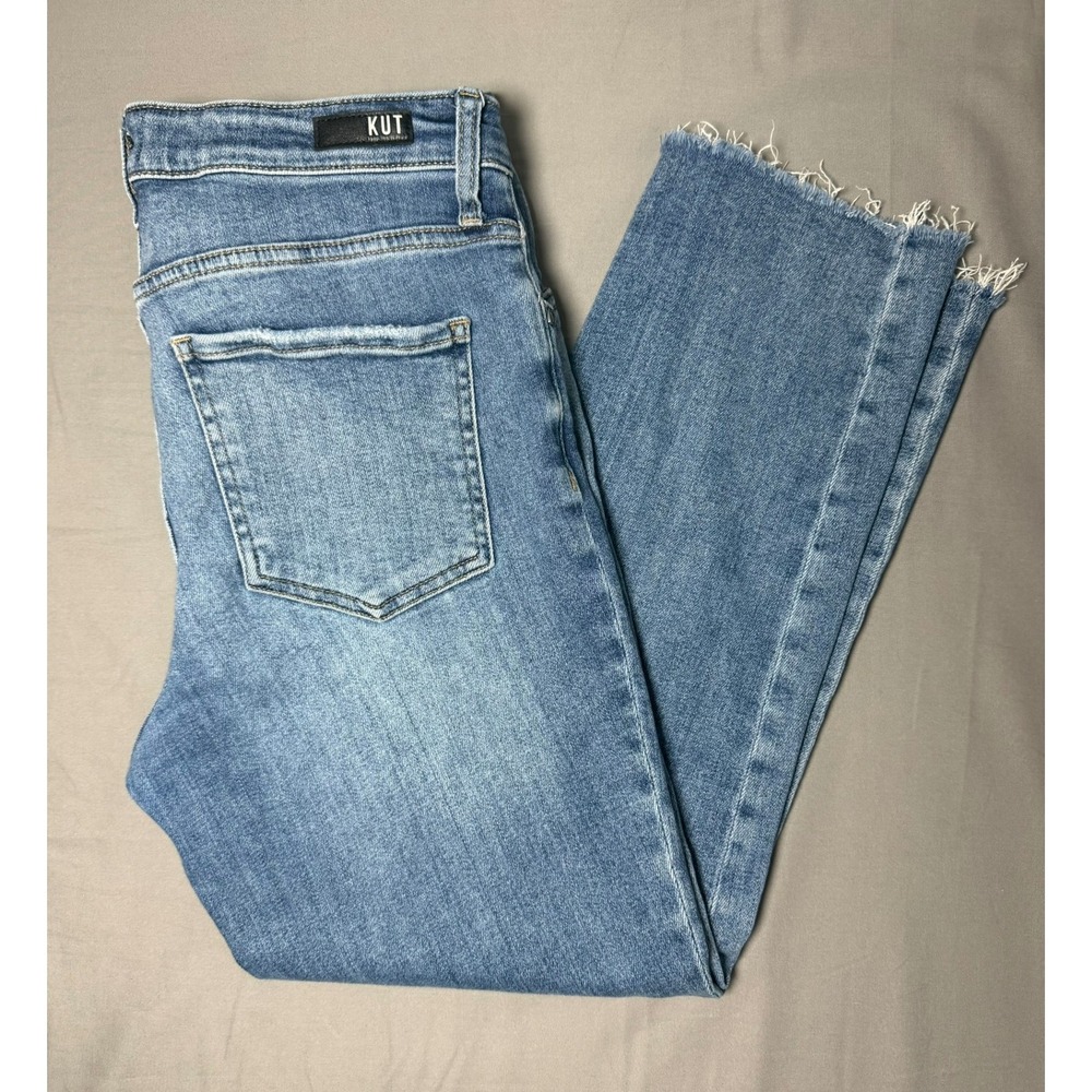 KUT from the Kloth High Rise Button Fly Straight Leg Jeans Blue Size 10 Raw Hem